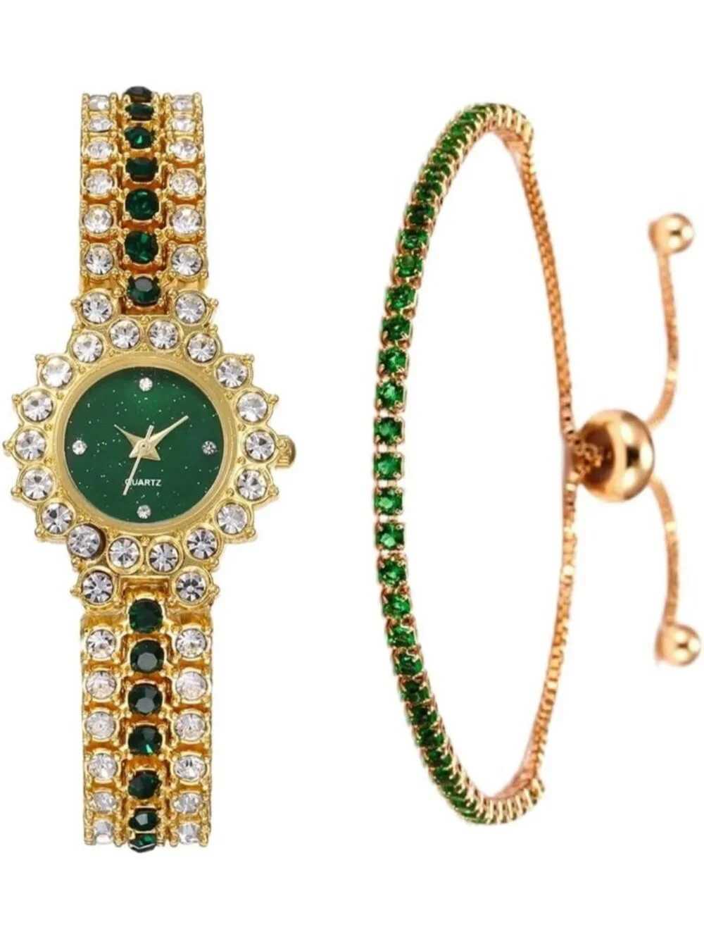Women's Green Analog Quartz Elegant Steel Belt Diamonds Bracelet Set Wrist Watch